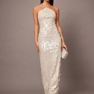 White Sequin Spaghetti Strap Women's Cocktail Dress